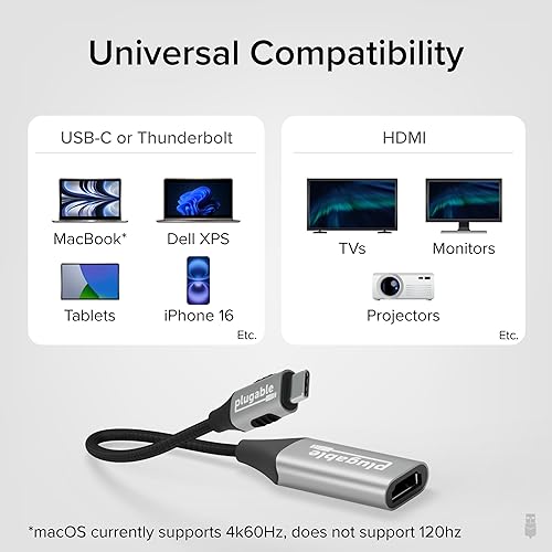 Plugable USB C to HDMI Adapter, HDMI 2.1, 8K 60Hz or 4K 144Hz, USB4 / Thunderbolt Compatible with XPS, iPhone 15, iPad Pro, MacBook Pro, Mac Resolution up to 4K 60Hz (USBC-HDMI8K)