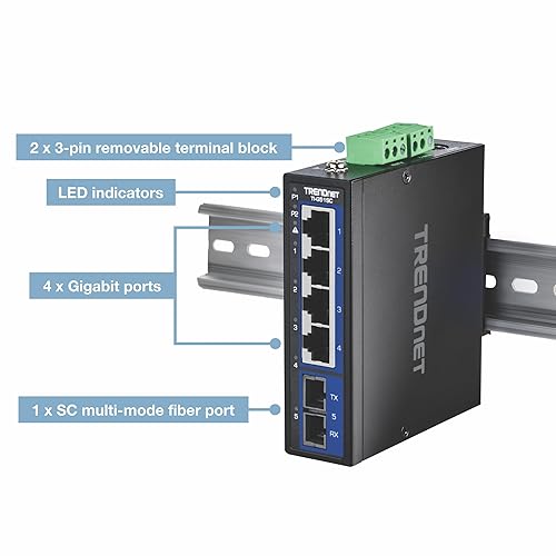 TRENDnet 5-Port Hardened Industrial Gigabit DIN-Rail Switch, TI-G51SC, 1 x Multi-Mode SC Port, 4 x Gigabit Ports, 10Gbps, IP30 Rated, Lifetime Protection, Black