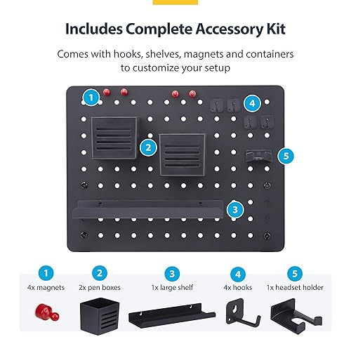 StarTech.com Clamp-On Pegboard with Accessories, 16.5 x 12.5in, Steel Peg Board, Desktop Storage Organizer, Black