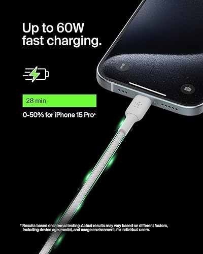 Belkin BoostCharge (1M/3.3ft) Braided USB-C to USB-C Cable for iPhone 16, iPhone 16 Pro, iPhone 16 Pro Max, iPhone 16 Plus, Galaxy S24, S23, Note10, Note9, Pixel 9, Pixel 8, iPad Pro, & More - White 6.6 ft 6.6 ft White