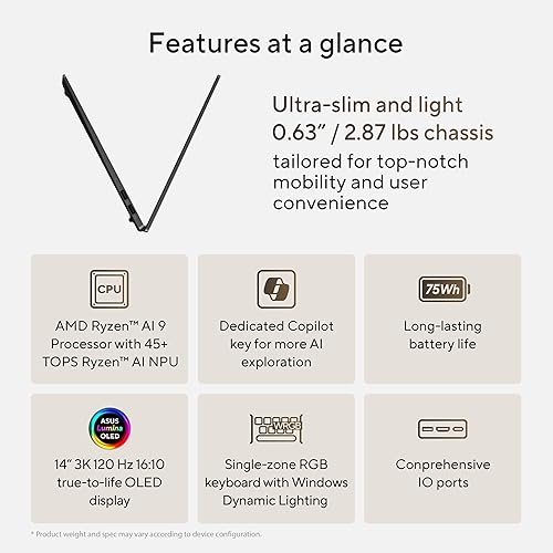 ASUS Vivobook S 14 OLED Slim Laptop, AMD Ryzen AI 9 365(10 Cores), 24GB, 512GB SSD, Customizable RGB Keyboard, Neutral Black, M5406WA-DS76 Ryzen AI 9 | 24GB | 512GB