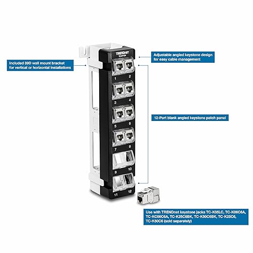 TRENDnet 12-Port Blank Angled Wall Mount Keystone Patch Panel, TC-KP12V, Use with TRENDnet Keystone Jacks (Sold Separately), Snap-in Style, Quick and Easy Access, 89D Wall Mount Bracket Included