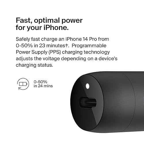 Belkin Boost?Charge™ 30W Fast Car Charger, Compact Design w/USB-C Power Delivery Port, USB-C to Lightning Cable Included, Universal Compatibility for iPhone 14 Series, iPad, and More - Black