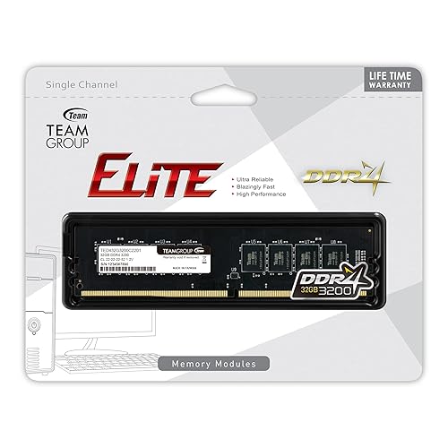 TEAMGROUP Elite DDR4 32GB Single (1 x 32GB) 3200MHz (PC4-25600) CL22 Unbuffered Non-ECC 1.2V UDIMM 288 Pin PC Computer Desktop Memory Module Ram Upgrade - TED432G3200C2201 32GB Kit (1x32GB) 3200mhz