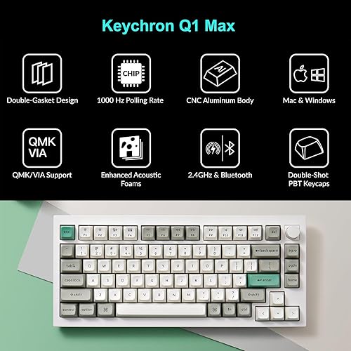 Keychron Q1 Max Hotswap Wireless Mechanical Keyboard|RGB|Aluminum Frame|Shell White|with Knob|Gateron Jupiter Red|75% Layout (84 Keys)|Windows Mac OS (Q1M-P1) Jupiter Red Shell White