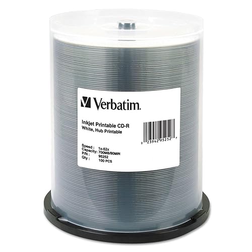 Verbatim Hub IJ Printable CD-R Discs, 700MB/80min, 52x, Spindle, White