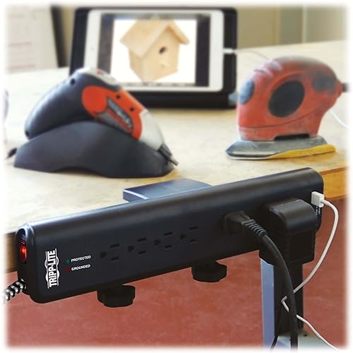 Tripp Lite Desk Clamp Surge Protector Power Strip, 6-Outlets & 2 USB, Microbrial Resistant, 8 ft Braided Cord, 2100 Joules, 1875W, 40,000 Insurance & Lifetime Manufacturer's Warranty (TLP608DMUAM)