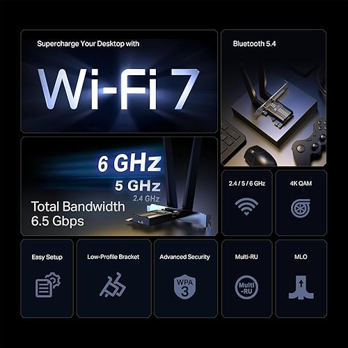 TP-Link Wi-Fi 7 BE6500 PCIe WiFi Card for Desktop PC (Archer TBE400E) - Bluetooth 5.4, WPA3,Tri-Band 2882 Mbps,Multi-Directional Antennas, and USB Drive for Fast Installation (Windows 11 Only)