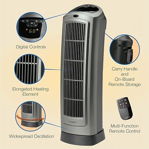 Lasko 5538 Ceramic Tower Heater with Remote Control, 8.5l x 7.25w x 23h