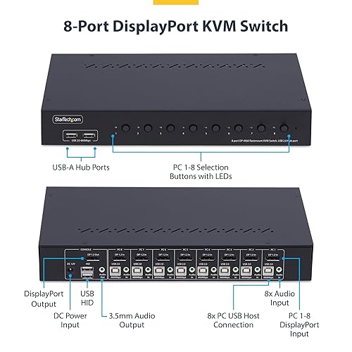 StarTech.com 8-Port DisplayPort KVM Switch w/1U Rack Mount Kit, 4K 60Hz DP 1.2, Push-Button/Hotkey Switching, TAA Compliant