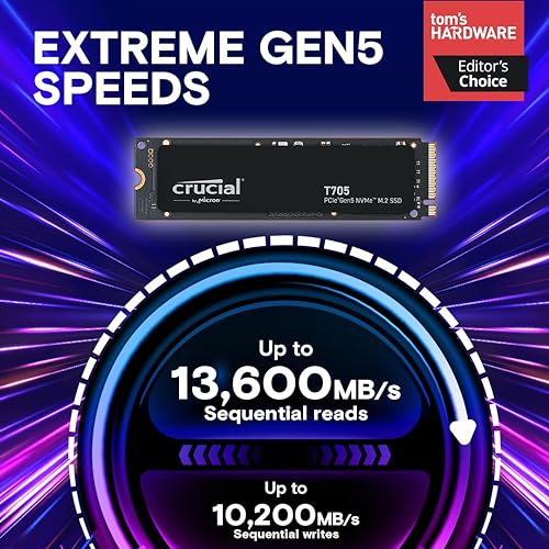 New 2024 Crucial T705 1TB PCIe Gen5 NVMe M.2 SSD - Up to 13,600 MB/s - Game Ready - Internal Solid State Drive (PC) - +1mo Adobe CC - CT1000T705SSD3 1TB T705