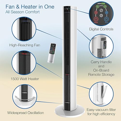 Lasko FH500 Fan & Space Heater Combo Tower, 42 Inch, Black White