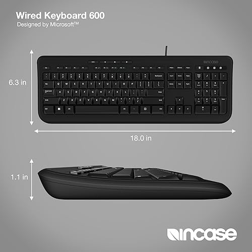 Incase Wired Keyboard 600 – Designed by Microsoft – Spill Resistant, Quiet Touch Keys, Plug and Play, 4 Hotkeys, Windows Start Key – Black