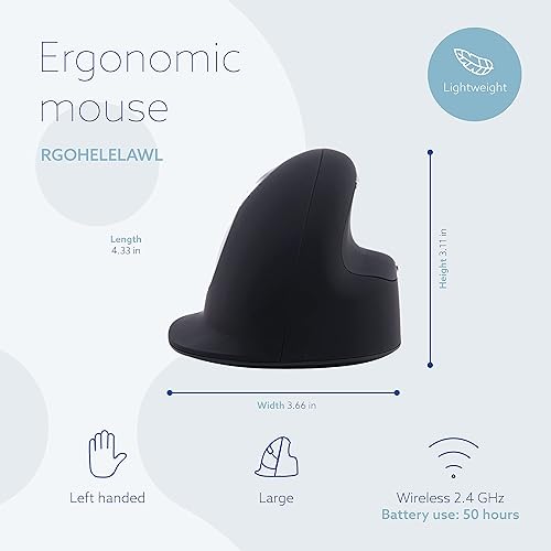 R-Go HE Vertical Ergonomic Mouse Wireless, Large Left Hand, 1750 DPI, 5 Buttons, Prevents Tennis Elbow/Mouse Arm RSI- Compatible Windows/Mac, Black/Silver