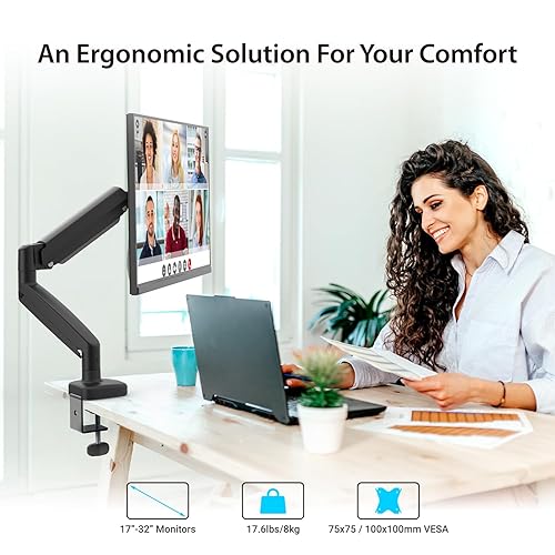j5create Ergonomic Monitor Mount, Fully Adjustable Gas Spring Monitor Arm for 17 to 32 inch Screen, Integrated Cable Management, Comes with Clamp and Grommet Mount Options (JTSA101)