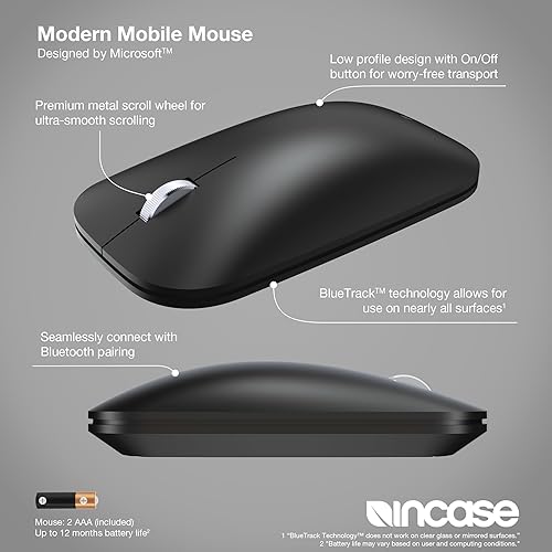 Incase Modern Mobile Mouse – Designed by Microsoft – Lightweight, Precision Navigation, Right/Left Hand Use, Scroll Wheel, BlueTrack Technology, Wireless Bluetooth for Mac/Windows/8/10/11 (Black)