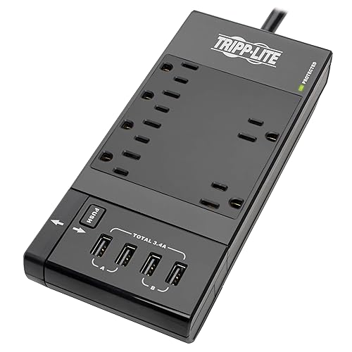 TRIPP LITE Safe-IT Surge Protector with Retractable Charging Station, 6-Outlets, 4-USB Fast Charging Ports, Hospital-Grade Protection, 8ft / 2.4M Cord, $50,000 Insurance, (TLP68UBAM), Black