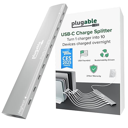 Plugable 10 Port USB C Charging Station, Up to 100W Charger for Multiple Devices with Priority Charging, Desktop Power Hub for USBC Devices Including Laptops Phones Tablets Earbuds and More (PS-10CC)