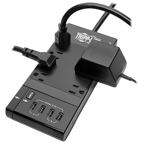 TRIPP LITE Safe-IT Surge Protector with Retractable Charging Station, 6-Outlets, 4-USB Fast Charging Ports, Hospital-Grade Protection, 8ft / 2.4M Cord, $50,000 Insurance, (TLP68UBAM), Black