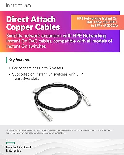 HPE Networking Instant On 10G SFP+ to SFP+ Direct Attach Copper (DAC) Cable for Connections Up to 3 Meters (R9D20A)