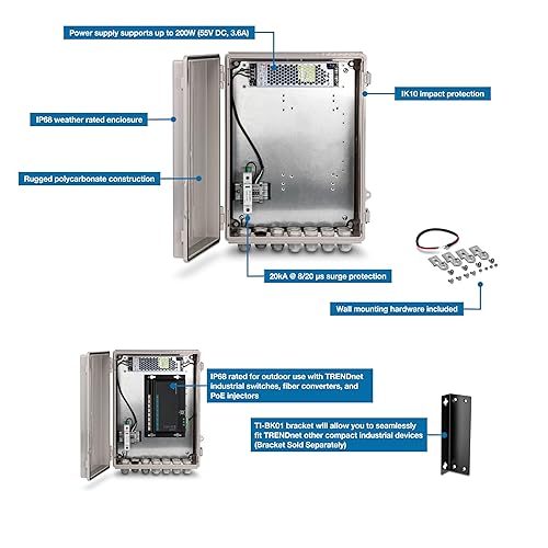 TRENDnet Outdoor IP68 Weatherproof Power Supply Box Enclosure, TI-CA3K, Power Supply and Surge Protector Included, IK10 Impact Protection, Power Supply Supports up to 200W (55V DC, 3.6A), White