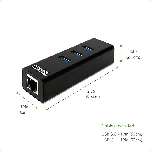 Plugable USB Hub with Ethernet, 3 Port USB 3.0 Bus Powered Hub with Gigabit Ethernet Compatible with Windows, MacBook, Linux, Chrome OS, Includes USB C and USB 3.0 Cables
