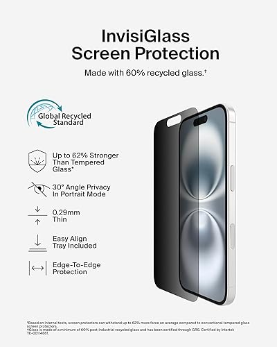 Belkin ScreenForce InvisiGlass Privacy Screen Protector for iPhone 16, iPhone 15, & iPhone 14 Pro