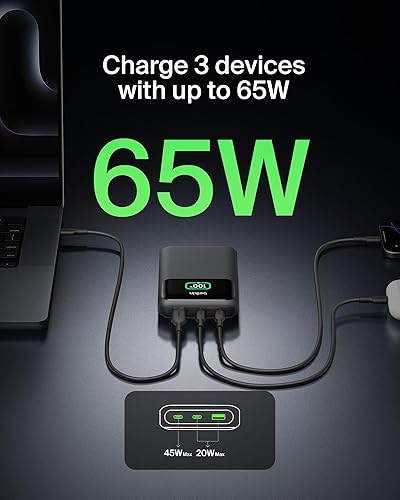 Belkin Portable Charger, 3-Port Laptop Power Bank 20000 mAh - USB-C & USB-A Ports, 65W iPhone Charger Fast Charging - MacBook, Apple iPhone 17, iPad, Samsung Galaxy S25, Nintendo Switch 2, etc - Black New Gen
