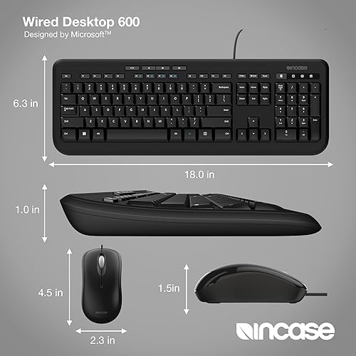 Incase Wired Desktop 600 Keyboard & Mouse Combo – Designed by Microsoft – Four Hot Keys, Spill-Resistant Keyboard, Quiet-Touch Keys, Optical Mouse, Left/Right Mouse with 800 DPI Sensor – Black