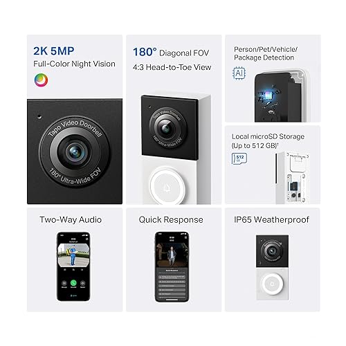 Tapo TP-Link Smart Video Doorbell Camera Wired, 2K 5MP, Color Night Vision, 180° Ultra-Wide FOV, 2-Way Audio, Free AI Detection, Cloud & SD Card Storage, Works w/Alexa & Google Home, D130 Wired Only, 2K 5MP, 180° Ultra-Wide FOV
