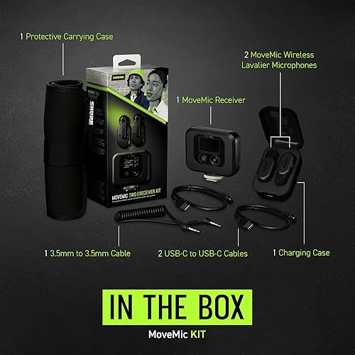 Shure MoveMic Two Kit - Pro Wireless Lavalier Microphones with Camera Receiver for DSLRs, iPhone, Android, Mac & PC, 2 Bluetooth Mini Mics, 24 Hours Charge, IPX4, Portable Clip Lavs (MV-Two-KIT-Z7) Two Channel Kit