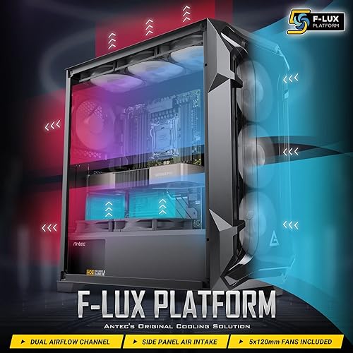 Antec Dark League DF600 Flux, Mid-Tower ATX Gaming Case, Flux Platform, 5 x 120mm Fans Included, ARGB & PWM Fan Controller, Tempered Glass Side Panel, 2 x USB3.0, High-End GPU Support