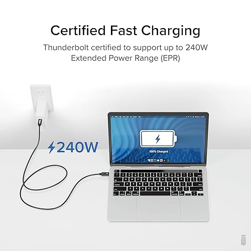 Plugable Thunderbolt 4 Cable with 240W Charging, Thunderbolt Certified, 3.3 Feet (1M),1x 8K Display, 40 Gbps, Compatible with USB4, Thunderbolt 3, USB-C - Driverless