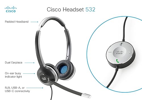 Cisco Headset 532, Wired Dual On-Ear Quick Disconnect Headset with RJ-9 Cable, Charcoal, 2-Year Limited Liability Warranty (CP-HS-W-532-RJ=)