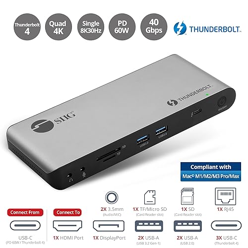 SIIG Thunderbolt 4 Docking Station - Quad 4K / Single 8K, 60W PD, 3X TB4 40Gbps (USB-C), 2X USB-A 5G, Gigabit Ethernet, Support Mac M1/M2/M3 Pro/Max & Windows (Intel/AMD/Snapdragon) (JU-DK0U11-S1)