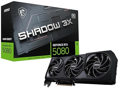 MSI Gaming RTX 5080 16G Shadow 3X OC Graphics Card (16GB GDDR7, 256-bit, Extreme Clock TBD MHz, DisplayPort x 3 2.1a, HDMI 2.1b, NVIDIA Blackwell Architecture)
