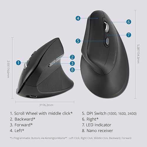 Kensington Pro Fit Ergo MY630 EQ Wireless Rechargeable Mouse, Vertical Wireless Mouse, 1000/1600/2400 DPI Switches, Bluetooth LE, 2.4GHz, Black (K72484NA)
