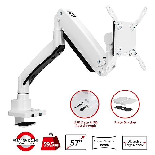 SIIG Ultra Heavy Duty Single Monitor Arm Desk Mount with USB A/C for Ultrawide Monitors up to 57 inches and 59.5 lbs - VESA 75/100/200, C-Clamp and Grommet (CE-MT3Z11-S1)