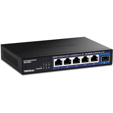 TRENDnet 6-Port Unmanaged 2.5G Switch with 10G SFP+ Port, TEG-S5061, 5 x 2.5GBASE-T Ports, 45Gbps Switching Capacity, Fanless, Wall Mountable, Black 2.5G| 1 x 10G SFP+