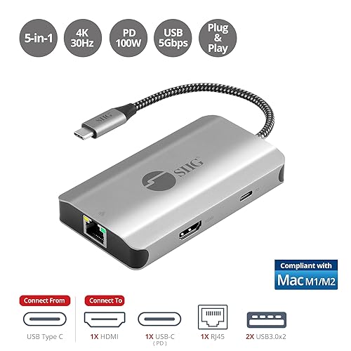 SIIG 5-in-1 USB C Hub, 4K 30Hz HDMI Output/Ethernet 1Gbps/ 2X USB-A 5Gbps/ PD 100W USB-C for MacBook, Windows(Intel/AMD/Snapdragon), Chromebooks and USB Devices (JU-H30L11-S1)