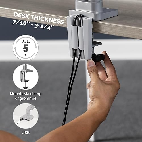 Fellowes Platinum Series Adjustable Dual Monitor Arm, Silver, Gas Spring, VESA Bracket, Clamp or Grommet Mount, Holds Two Monitors 32 / 17.6 lbs Each