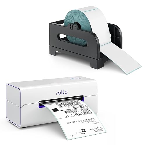 Rollo Wireless Thermal Shipping Label Printer and Label Holder Bundle - High Speed Direct Thermal Printer for Shipping Packages with Thermal Label Holder for Stack or Rolls