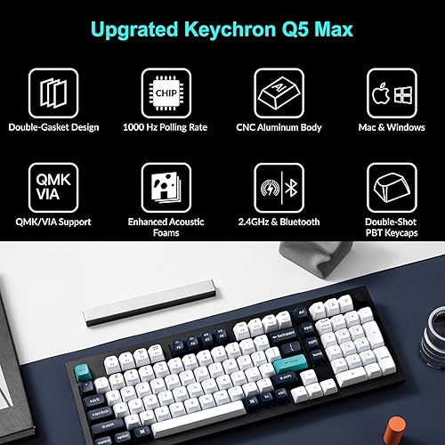 Keychron Q5 Max QMK/VIA Programmable Knob Wireless Custom Mechanical Keyboard, Tri-Mode Bluetooth 5.1/2.4GHz/USB-C Hot Swappable RGB Backlit PBT Gaming Keyboards, Brown Switch, 89 Keys, Black/White Carbon Black+Gateron Jupiter Brown Switch