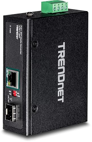 TRENDnet Industrial SFP to Gigabit PoE+ Media Converter, IP30 Rated Housing, Operating Temperature Range -40°– 75 °C to (-40° – 167 °F), TI-PF11SFP, Black Gigabit PoE+ SFP
