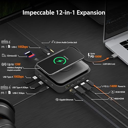 j5create USB-C Dock Dual 4K HDMI - Supports Dual Extended 4K Display for Windows and M1/M2/M3 MacBook, Built-in 15W Magnetic Wireless Charger, USB-A x 2, USB-C x 2, Gigabit ethernet (JCD3199)