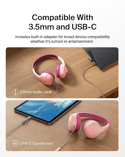 Belkin SoundForm Mini Kids Wired Headphones w/USB C to 3.5mm Dongle, Built-in Mic & Fun Stickers, 85dB Max Volume – for Online Learning, Travel, Compatible w/iPhone 16, iPad, Galaxy S25, etc - Pink