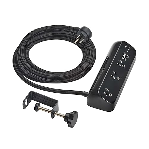 Eaton Tripp Lite series Desk Clamp Power Strip Surge Protector, 3-Outlets, 2x 30W USB-C Charging Ports, 900 Joules, 10ft Braided Flat Extension Cord, Lifetime Manufacturer's Warranty (TLP310U30CLAMPB) 3 Outlets Black (2x USB-C)