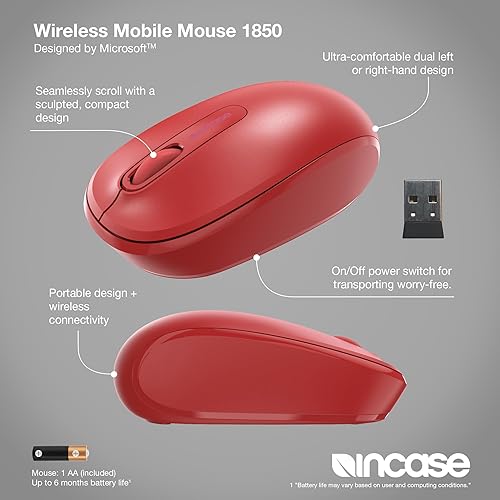 Incase Wireless Mobile Mouse 1850 – Designed by Microsoft – Compact, Comfortable, Right/Left Hand Use, 6-Month Battery Life, Nano Transceiver, Works with Mac/Windows 8/10/11 (Flame Red)