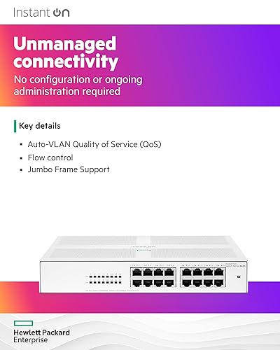 HPE Networking Instant On Switch Series 1430 16-Port Gb Unmanaged Layer 2 Ethernet Switch | 16x 1G | Fan-Less | US Cord (R8R47A#ABA) 16G