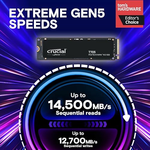 New 2024 Crucial T705 2TB PCIe Gen5 NVMe M.2 SSD - Up to 14,500 MB/s - Game Ready - Internal Solid State Drive (PC) - +1mo Adobe CC - CT2000T705SSD3 2TB T705